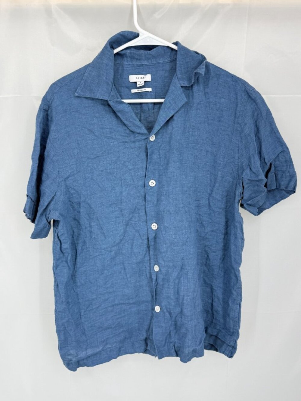 Reiss Men S Linen Shirt Short Sleeve Blue Relaxed Fit Oversized Lightweight Top